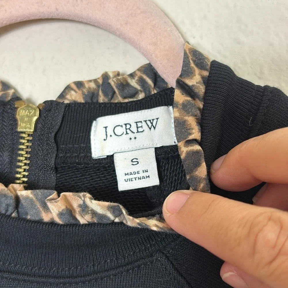 J. Crew Woven ruffleneck pullover sweatshirt in black w/cheetah leopard print S